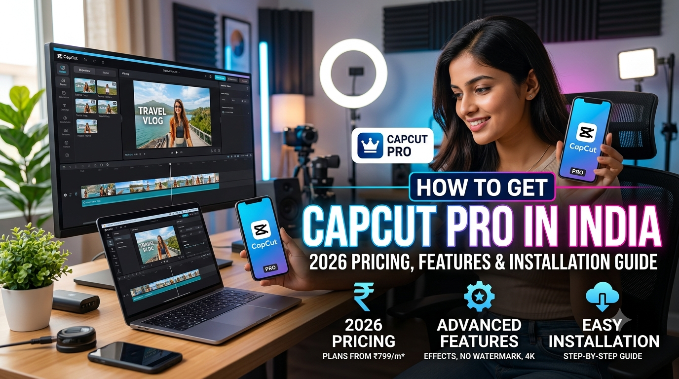 for blog "How To Get CapCut Pro in India: 2026 Pricing, Features & Installation Guide" make a cover image